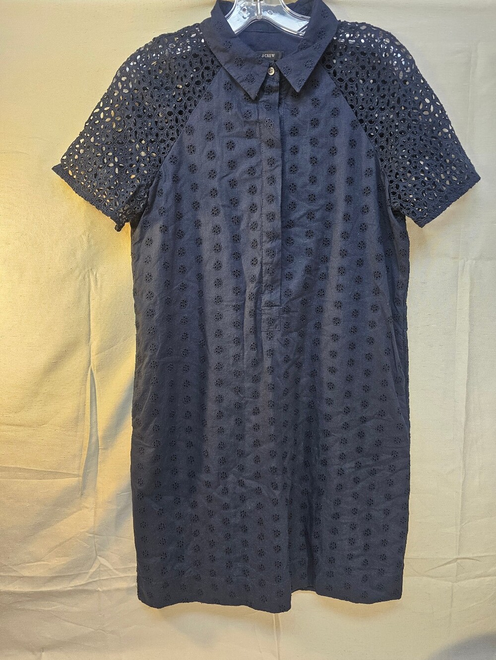 J. Crew Navy Eyelet Short-Sleeve Shift Dress with Collar